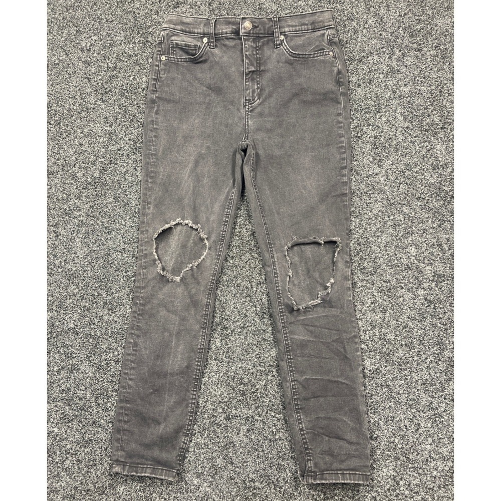 Free People Jeans Womens 31 Black Skinny Distressed Ripped Knee Edgy Denim